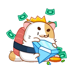 Dazed Cat animated sticker, wearing a crown and hugging a diamond while cash flies past