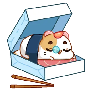 Dazed Cat animated sticker, curled up inside an open takeaway box next to chopsticks