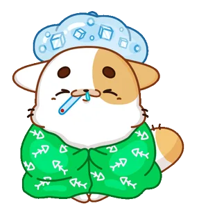 Dazed Cat animated sticker, under a fish-print blanket with an ice pack and a thermometer