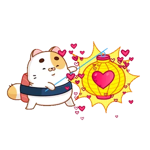 Dazed Cat animated sticker, beaming at a glowing heart lamp as hearts burst around it
