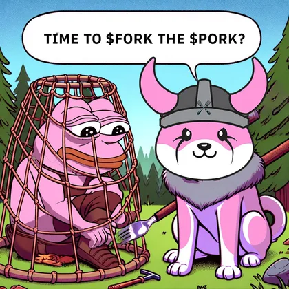 FlokiFork meme, the viking dog beside a caged frog, captioned time to fork the pork
