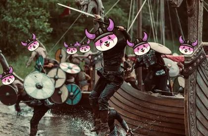 FlokiFork meme, the viking dog in armour raising a bitcoin, a rocket launching behind him