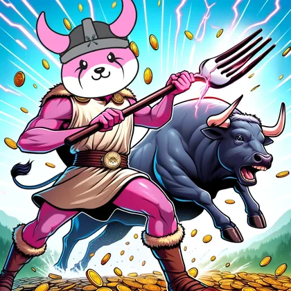 FlokiFork meme, the viking dog pointing up in front of a green candle chart, captioned bullish
