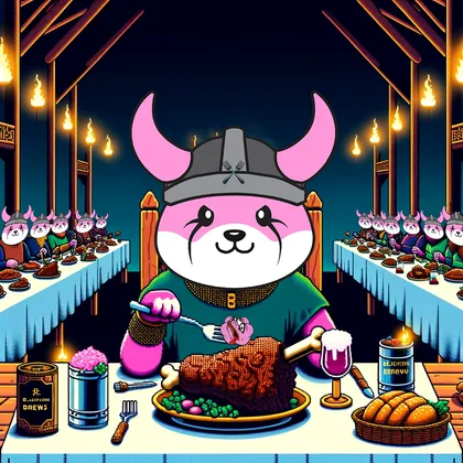 FlokiFork meme, the viking dog charging a black bull across a field of gold coins