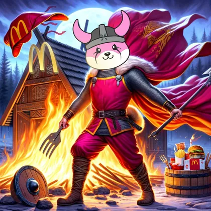 FlokiFork meme, the viking dog in red, standing over a burning longhouse