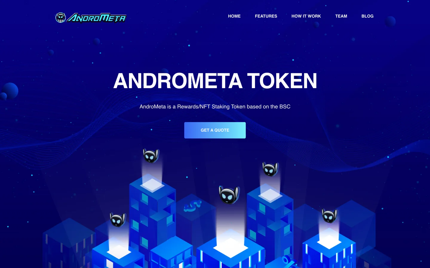 AndroMeta website as delivered, a blue hero, headline "ANDROMETA TOKEN"