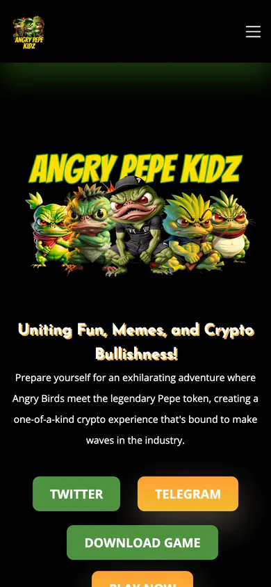 The same Angry Pepe Kidz build on a 390px phone screen, the 11 sections stacked into one column