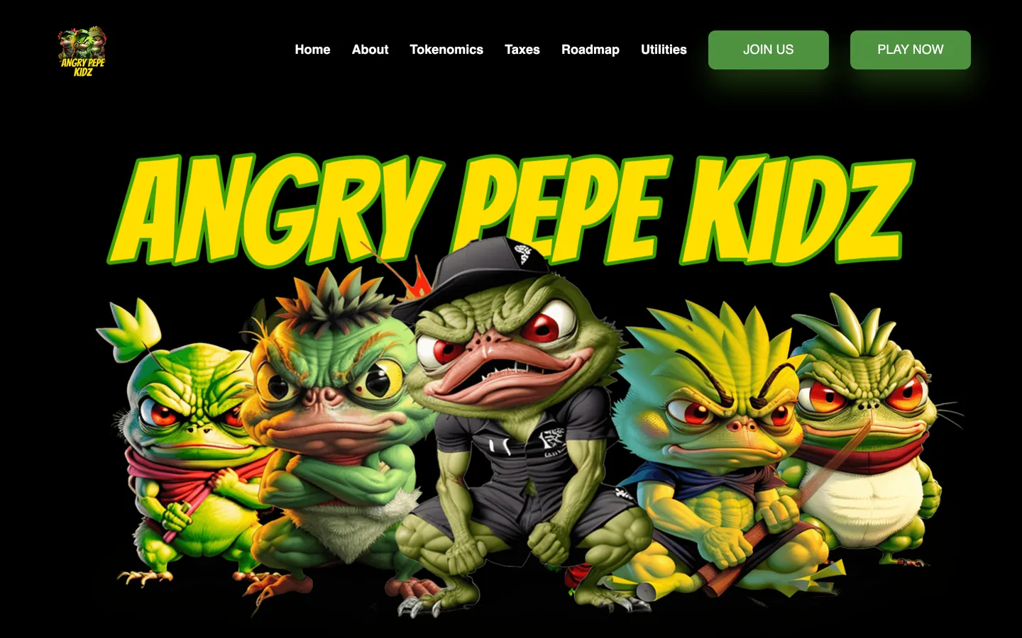 Angry Pepe Kidz website as delivered, a black hero, headline "Uniting Fun, Memes, and Crypto Bullishness!"