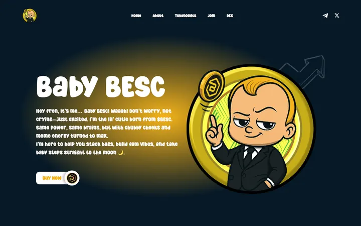 Baby Besc meme coin website, a dark teal hero