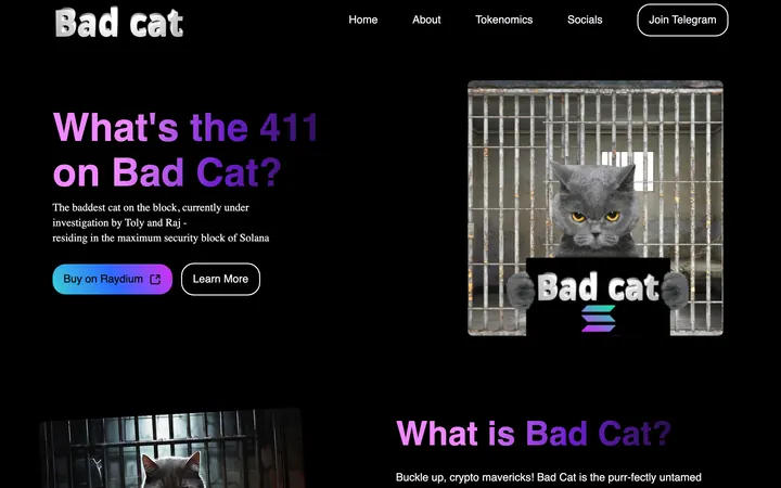 Bad Cat meme coin website, a black hero