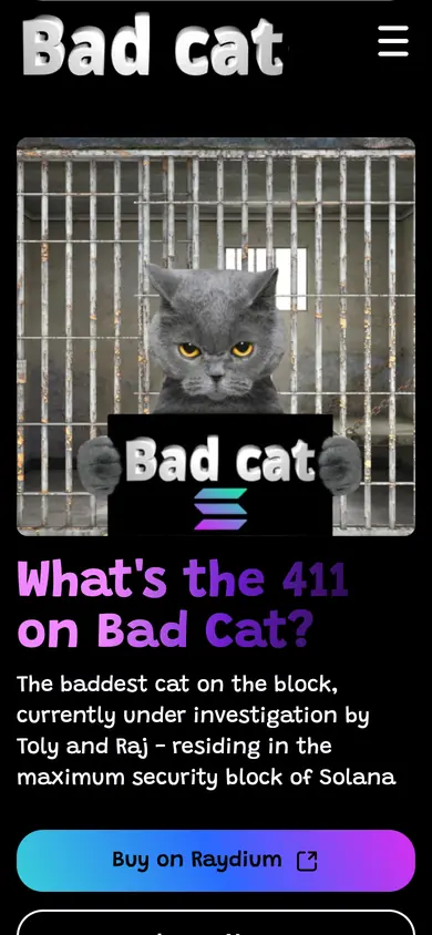 The same Bad Cat build on a 390px phone screen, the 8 sections stacked into one column