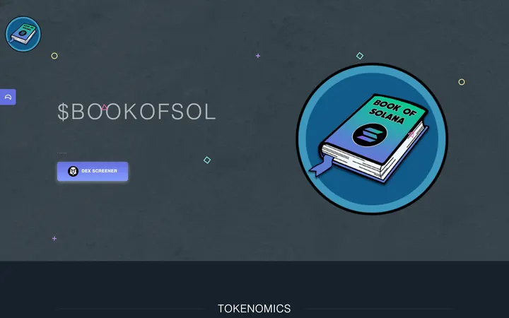 $BookOfSol meme coin website, a dark teal hero