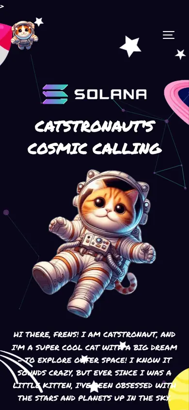 The same $Catstronaut build on a 390px phone screen, the 6 sections stacked into one column