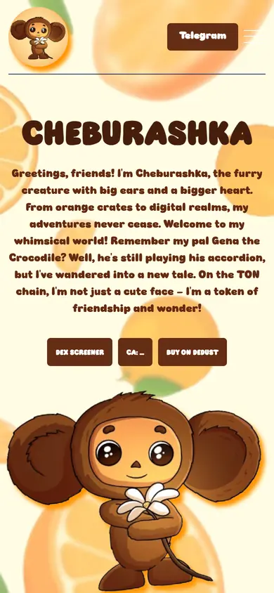 The same Cheburashka build on a 390px phone screen, the 5 sections stacked into one column