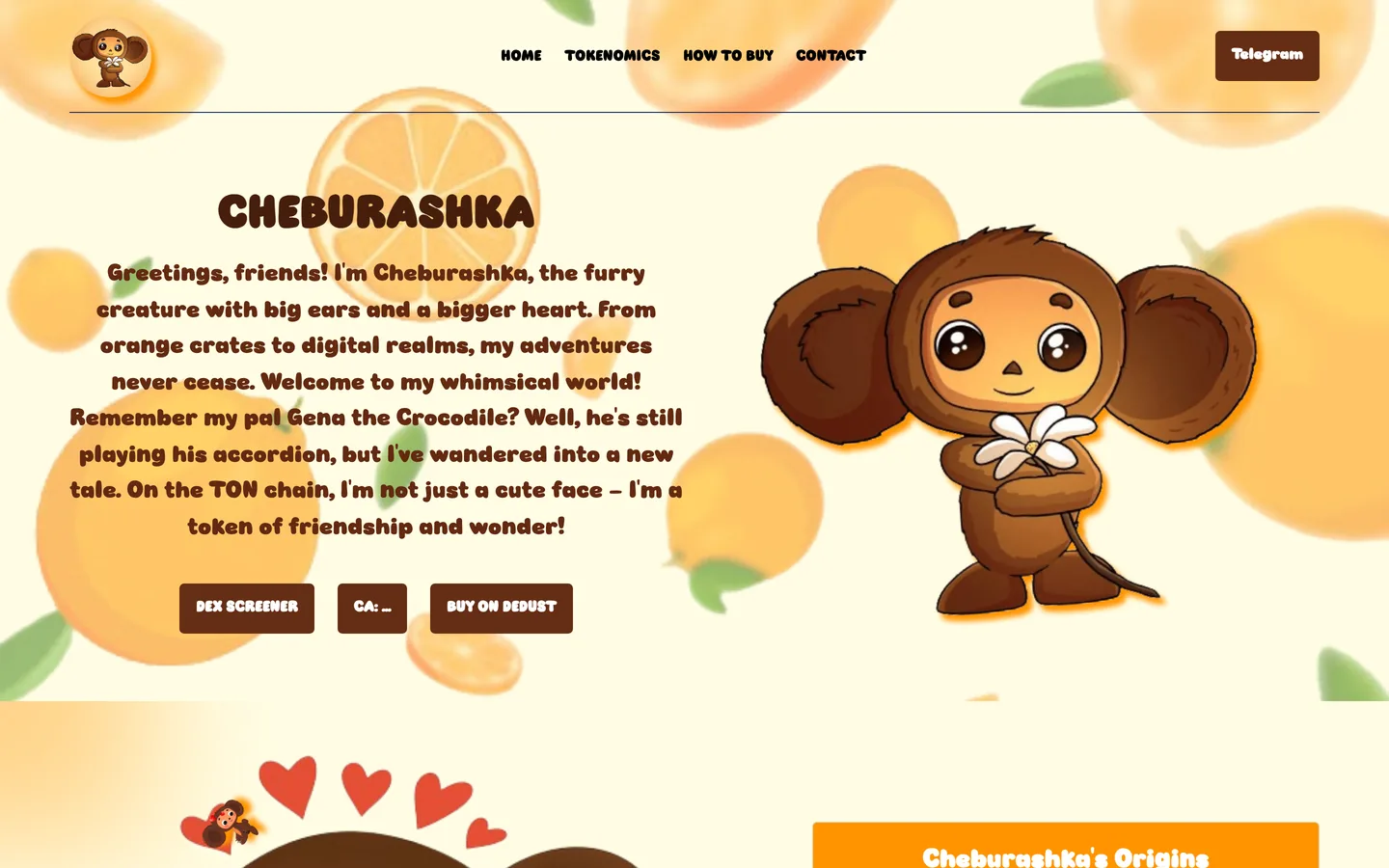 Cheburashka website as delivered, a white hero, 5 sections