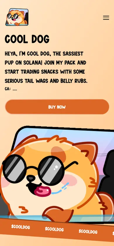The same $COOLDOG build on a 390px phone screen, the 5 sections stacked into one column