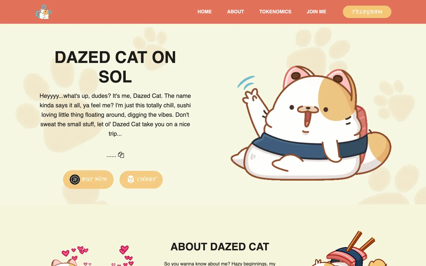 Dazed Cat website as delivered, a white hero, headline "Dazed Cat on Sol"