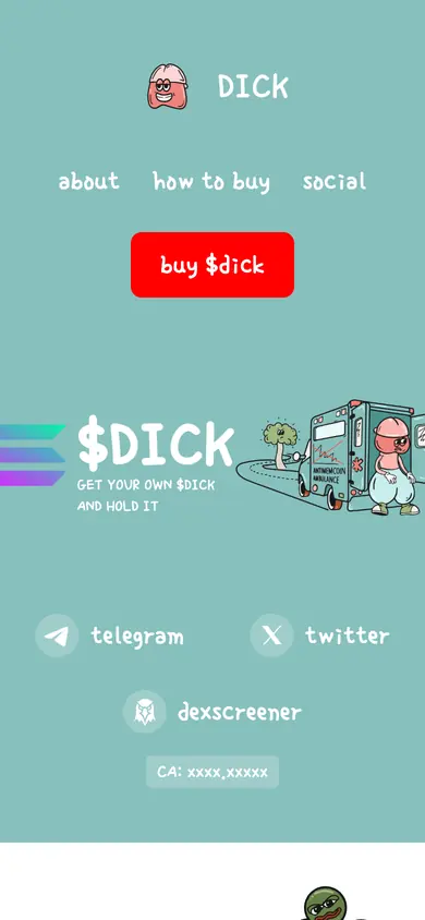 The same Dick Coin build on a 390px phone screen, the 5 sections stacked into one column