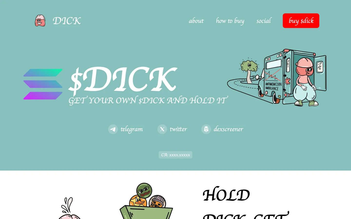 Dick Coin website as delivered, a teal hero, 5 sections