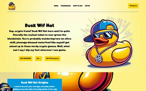 Duck Wif Hat meme coin website, a yellow hero