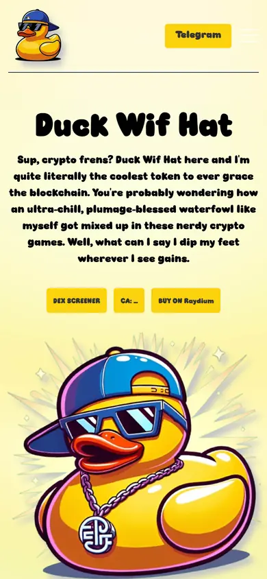 The same Duck Wif Hat build on a 390px phone screen, the 5 sections stacked into one column