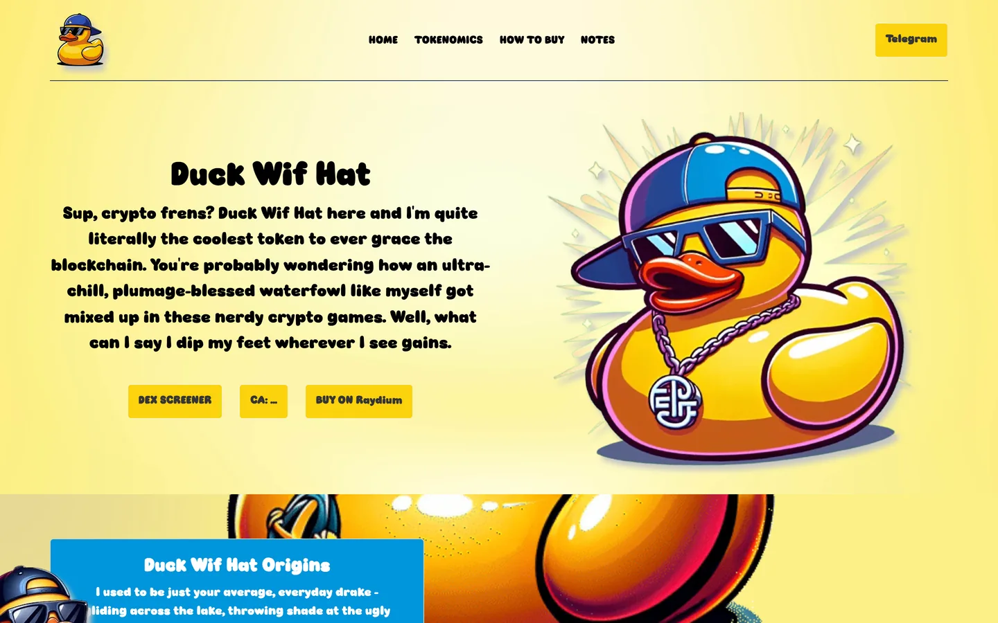 Duck Wif Hat website as delivered, a yellow hero, 5 sections