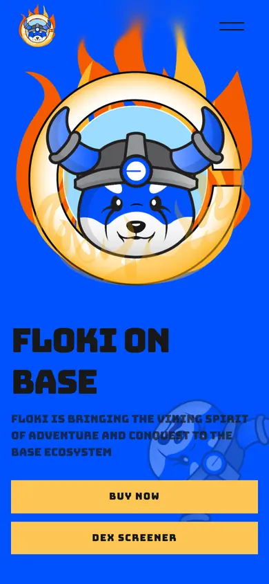 The same Floki on Base build on a 390px phone screen, the 7 sections stacked into one column