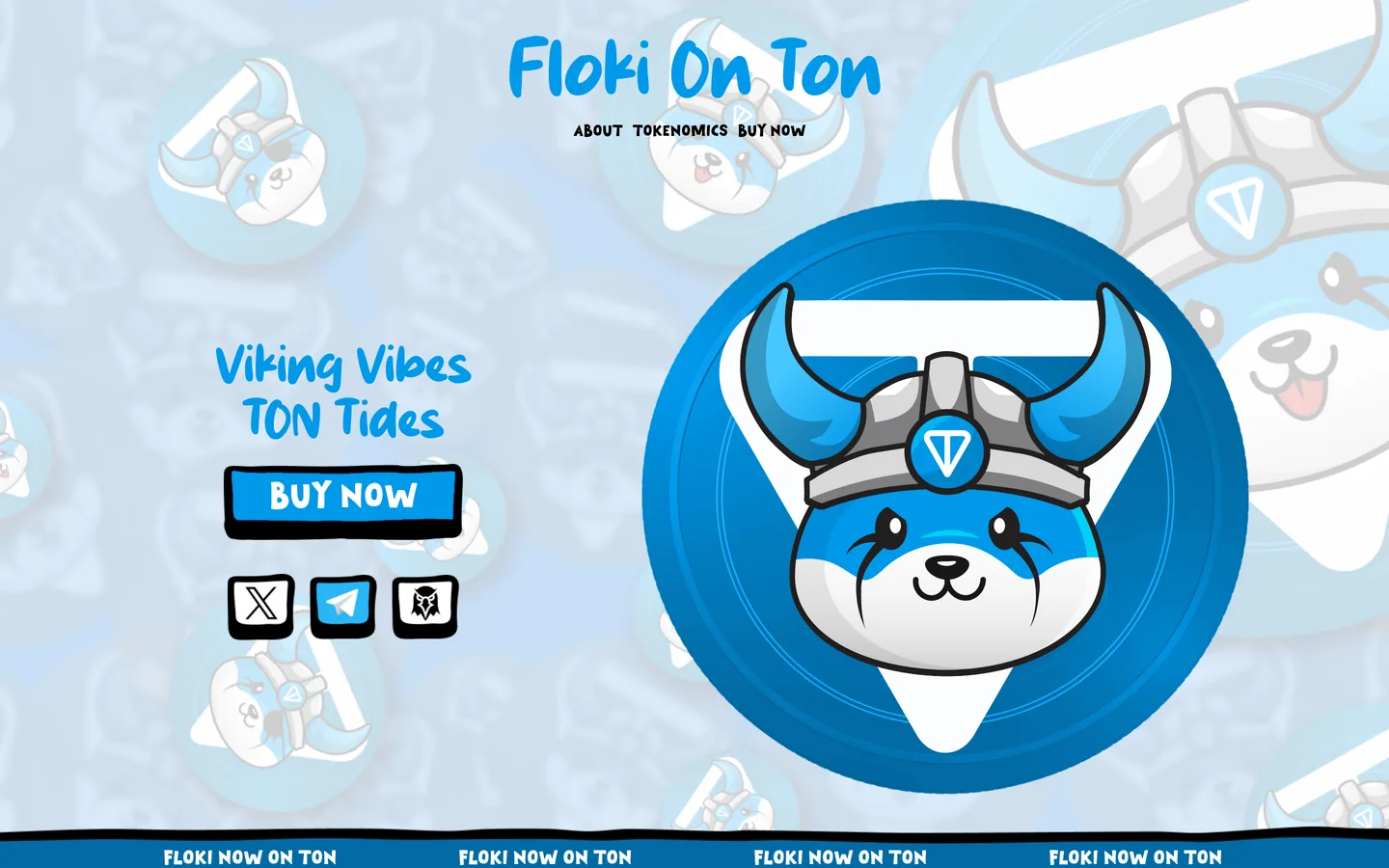 Floki on TON website as delivered, a blue hero, 5 sections