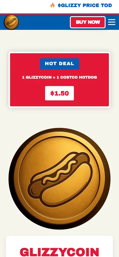 The same Glizzycoin build on a 390px phone screen, the 7 sections stacked into one column