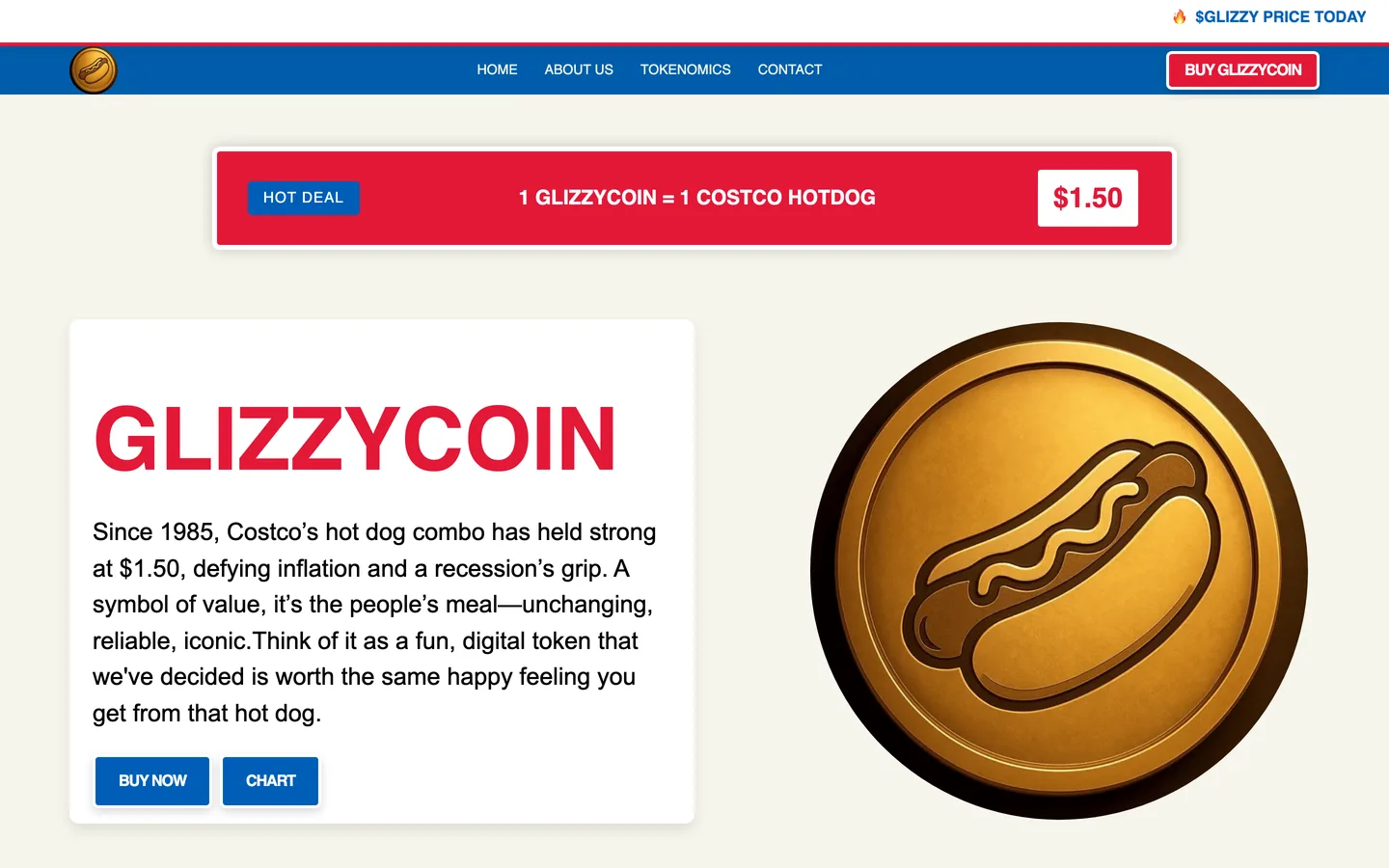 Glizzycoin website as delivered, a white hero, 7 sections