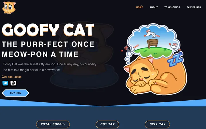 Goofy Cat meme coin website, a dark blue hero