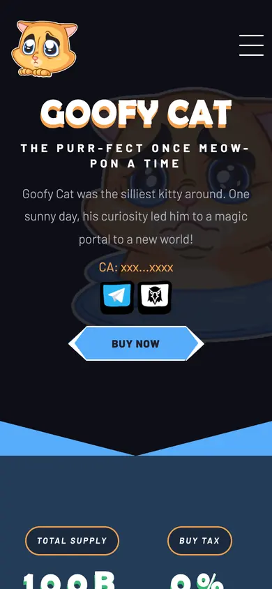 The same Goofy Cat build on a 390px phone screen, the 6 sections stacked into one column
