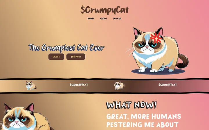 $GrumpyCat meme coin website, an orange hero