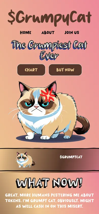 The same $GrumpyCat build on a 390px phone screen, the 6 sections stacked into one column