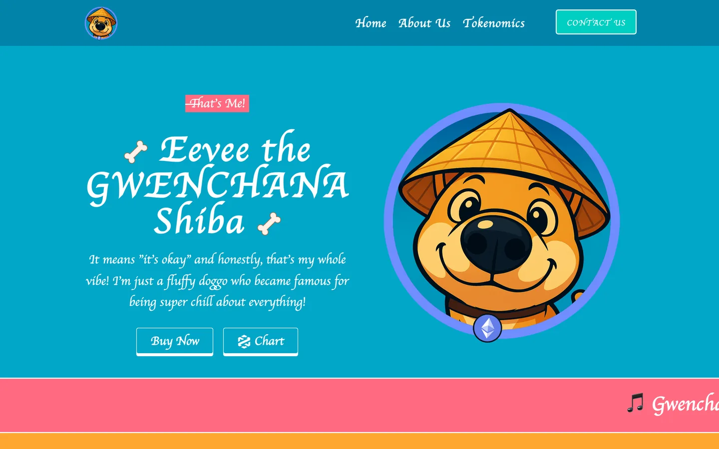 Gwenchana website as delivered, a teal hero, headline "Eevee the GWENCHANA Shiba"
