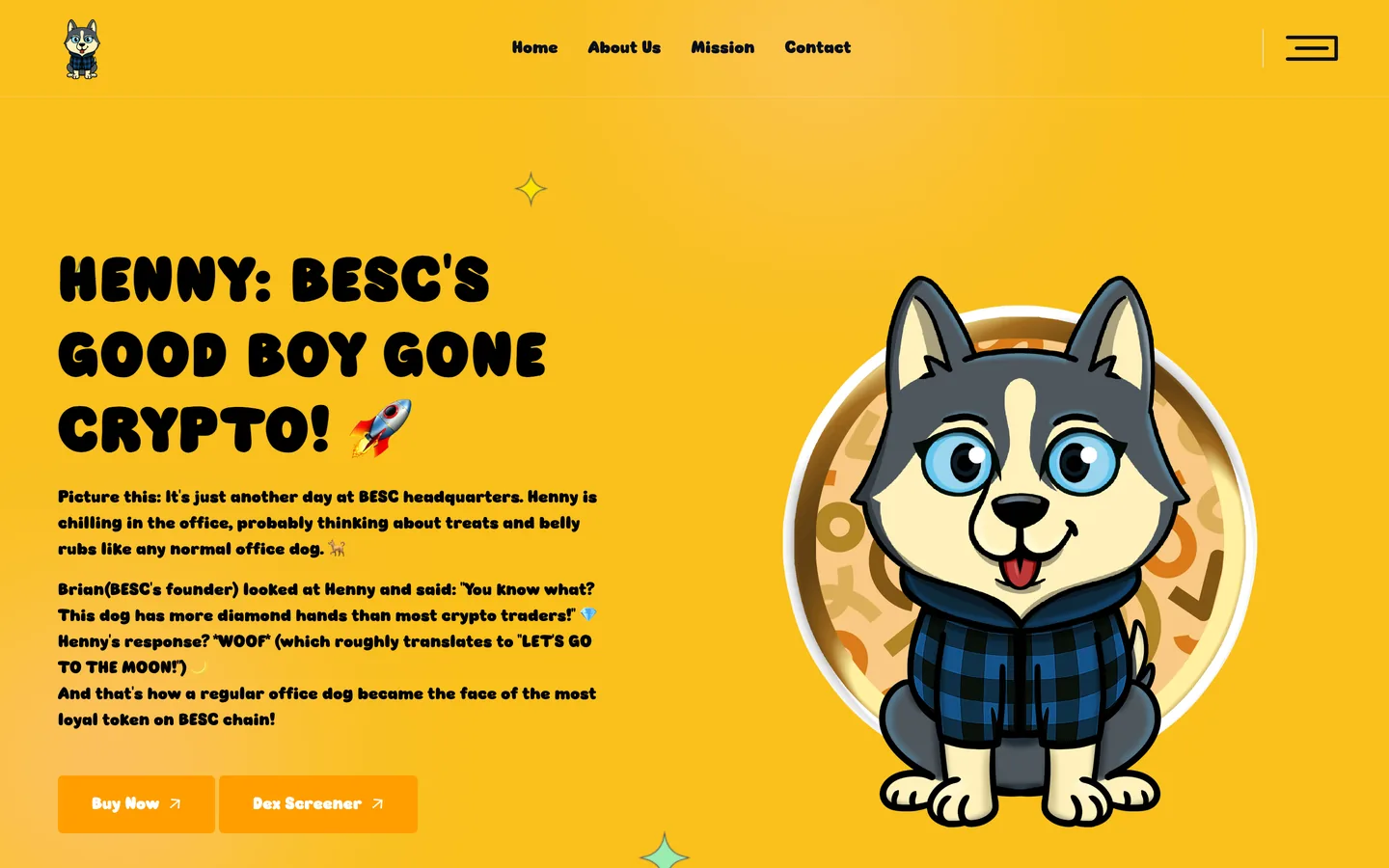 Henny website as delivered, a yellow hero, headline "HENNY: BESC's Good Boy Gone Crypto! 🚀"