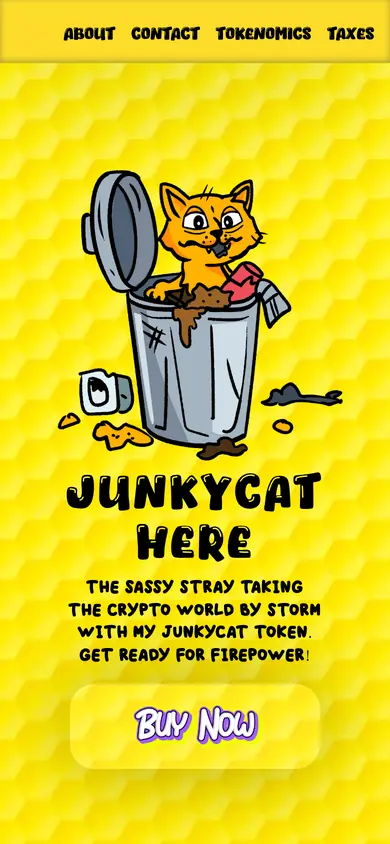 The same Junky Cat build on a 390px phone screen, the 6 sections stacked into one column