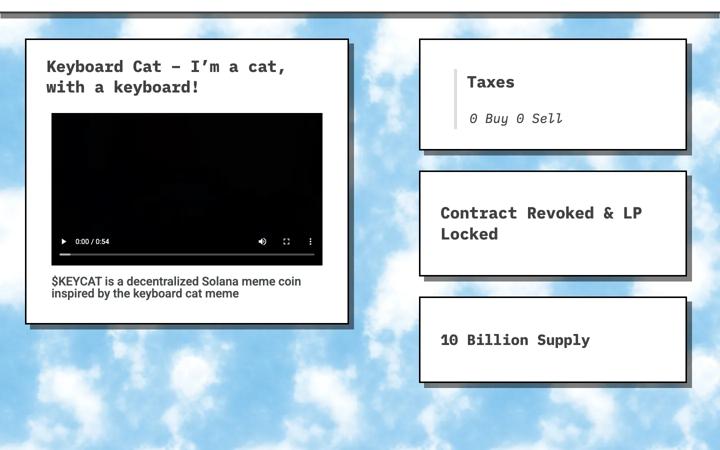 Keyboard Cat website as delivered, a white hero, headline "Keyboard Cat, I’m a cat, with a keyboard!"