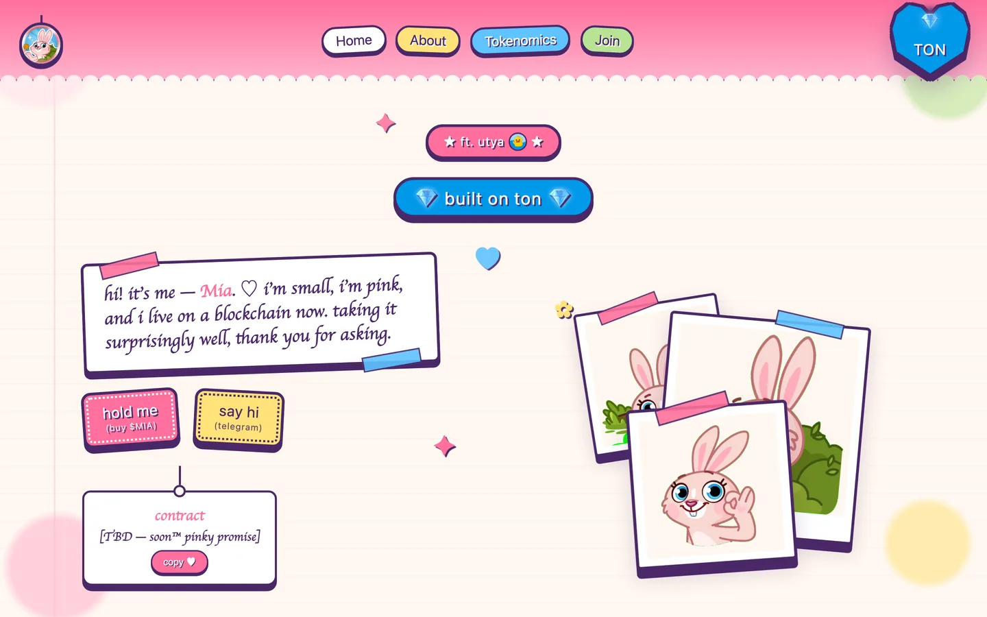 Mia Bunny website as delivered, a white hero, headline "Mia, small pink animal on TON"