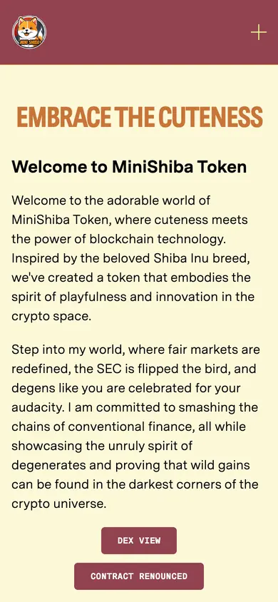 The same MiniShiba build on a 390px phone screen, the 5 sections stacked into one column