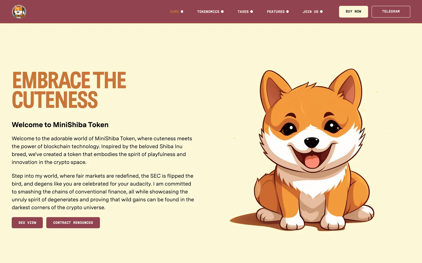 MiniShiba website as delivered, a yellow hero, headline "Embrace the Cuteness"
