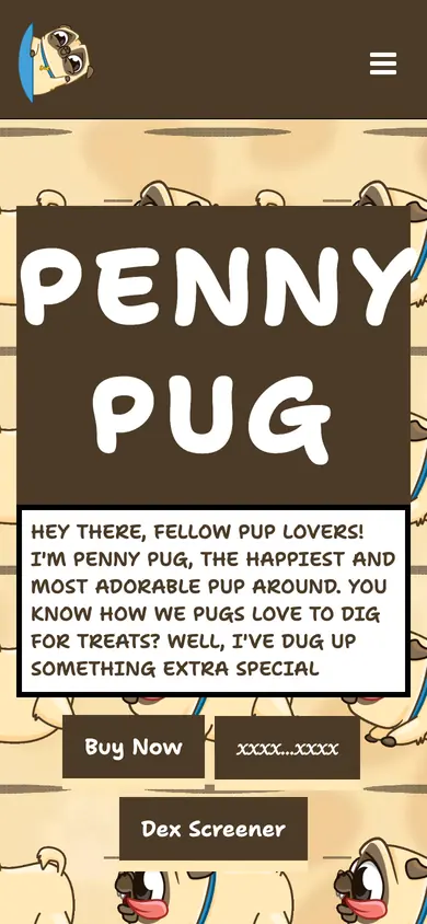 The same $PennyPug build on a 390px phone screen, the 5 sections stacked into one column