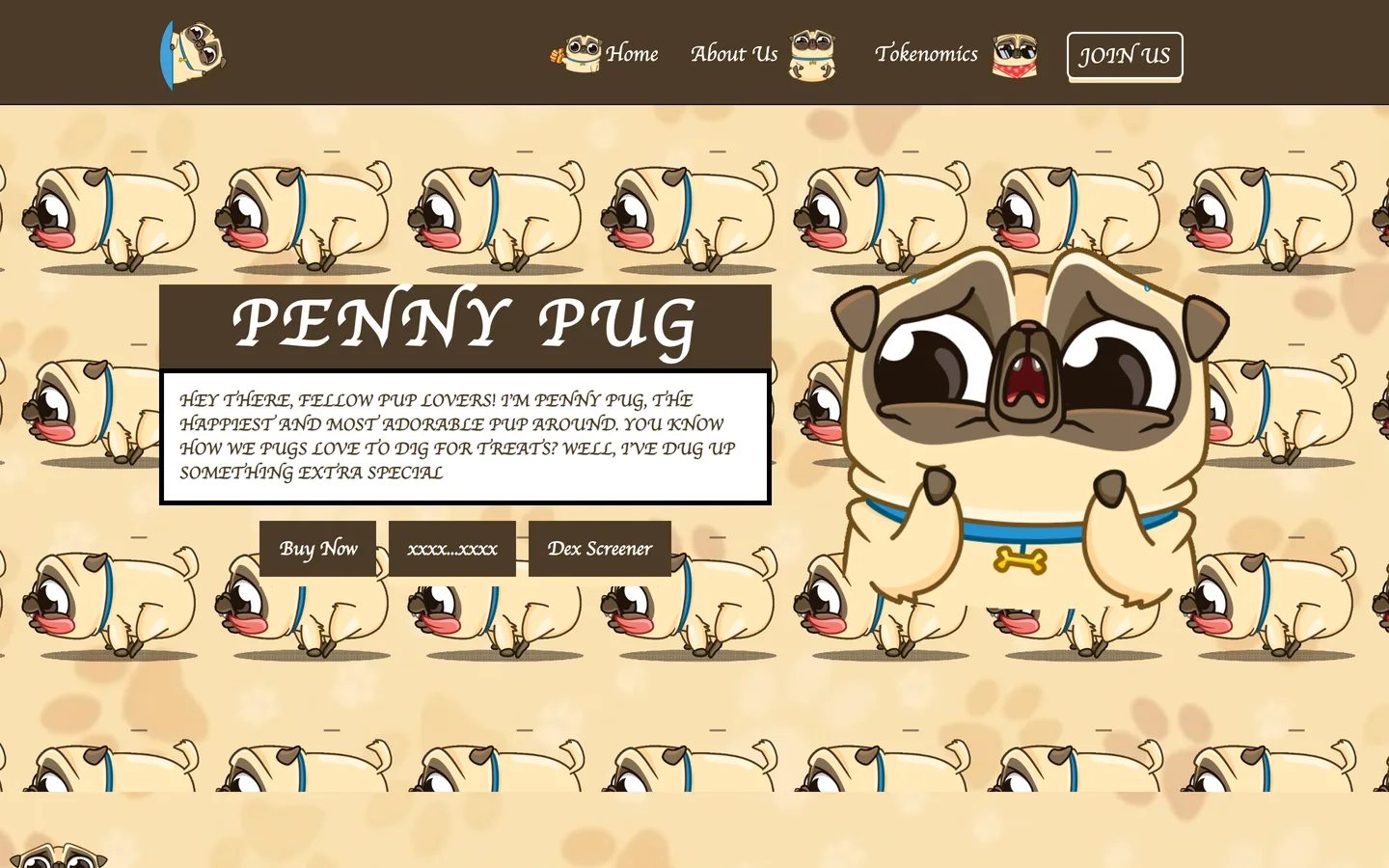 $PennyPug website as delivered, a yellow hero, 5 sections