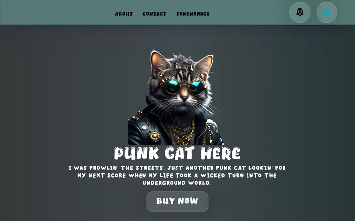 Punk Cat meme coin website, a dark teal hero