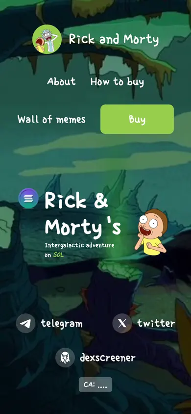 The same Rick and Morty build on a 390px phone screen, the 6 sections stacked into one column