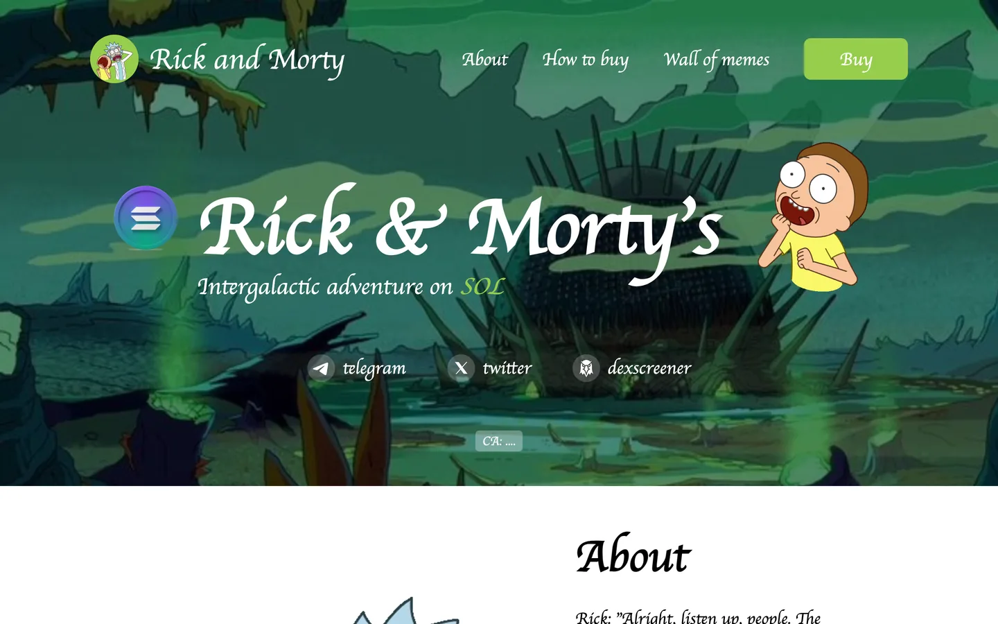 Rick and Morty website as delivered, a teal hero, headline "Rick & Morty's"