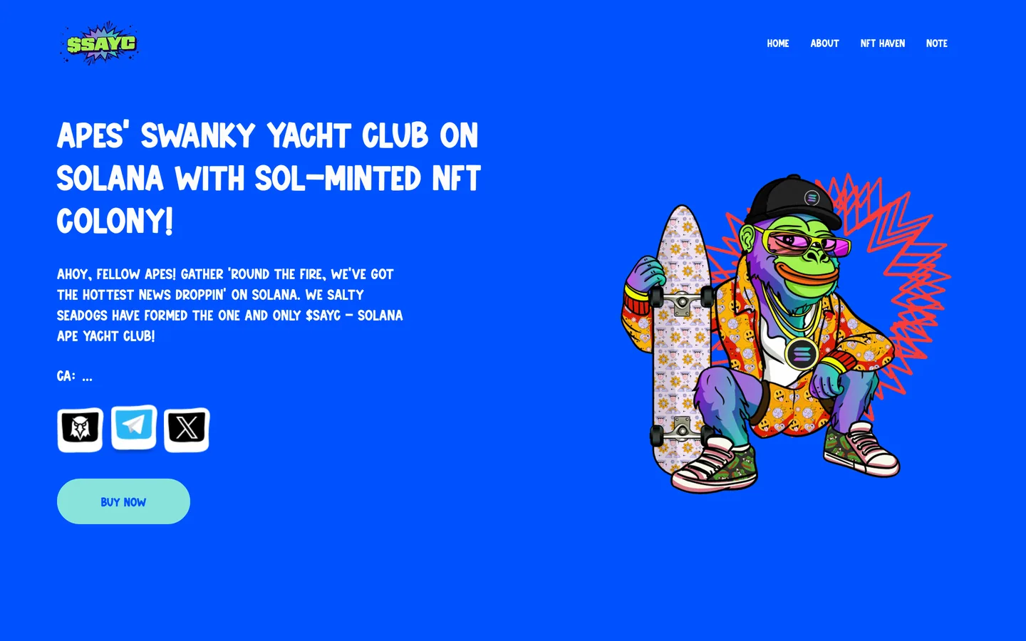 $SAYC website as delivered, a blue hero, headline "Apes' Swanky Yacht Club on Solana with Sol-minted NFT colony!"