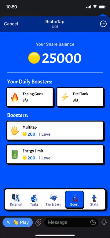 RichoTap: Boosters, daily and permanent, with levels