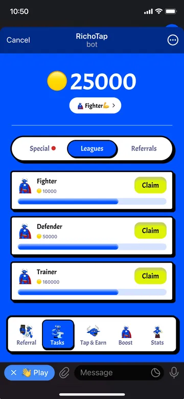 RichoTap: Tasks, Leagues tab, with claim states per rank