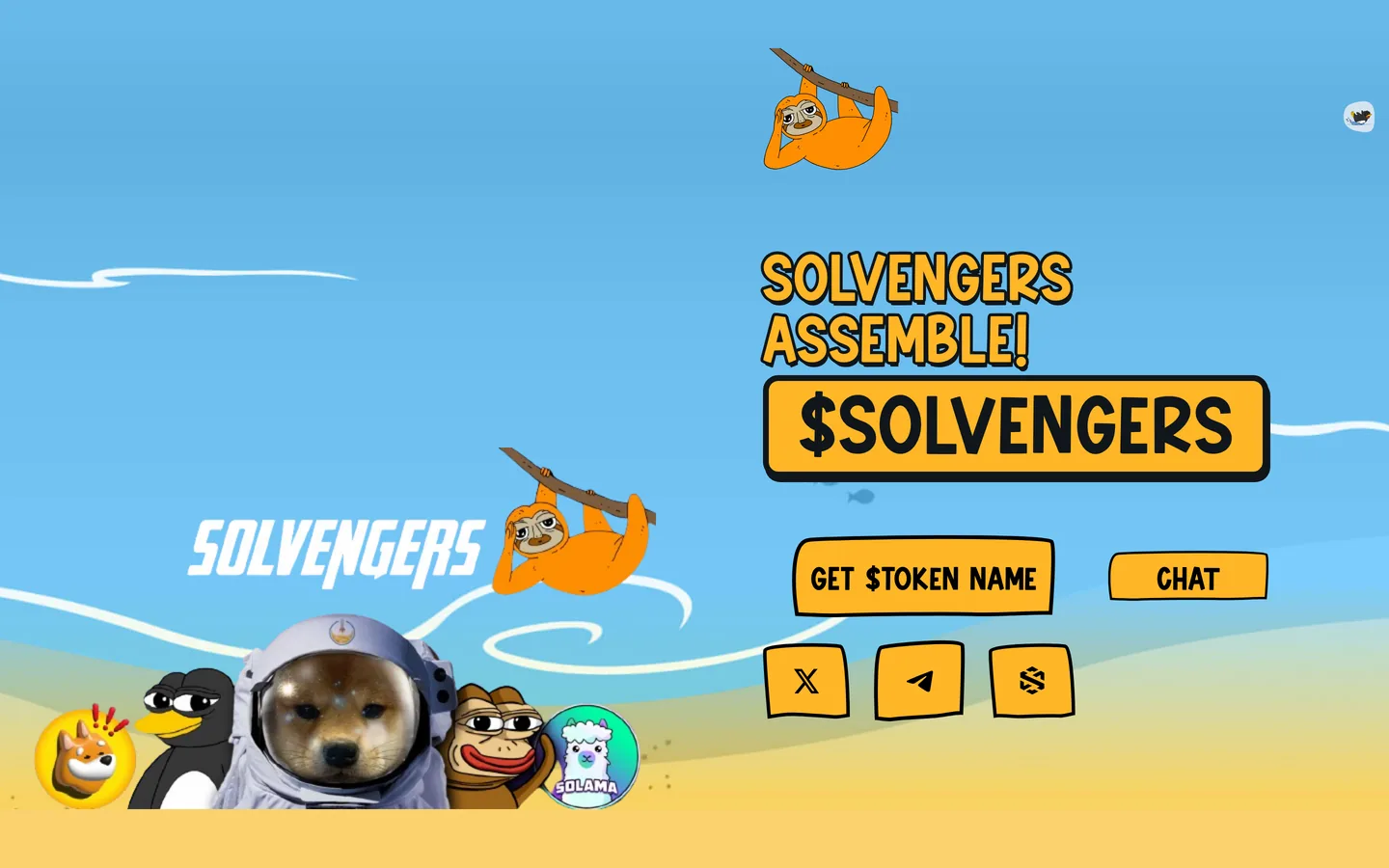 $SOLVENGERS website as delivered, a blue hero, headline "SOLVENGERS ASSEMBLE! $Solvengers"